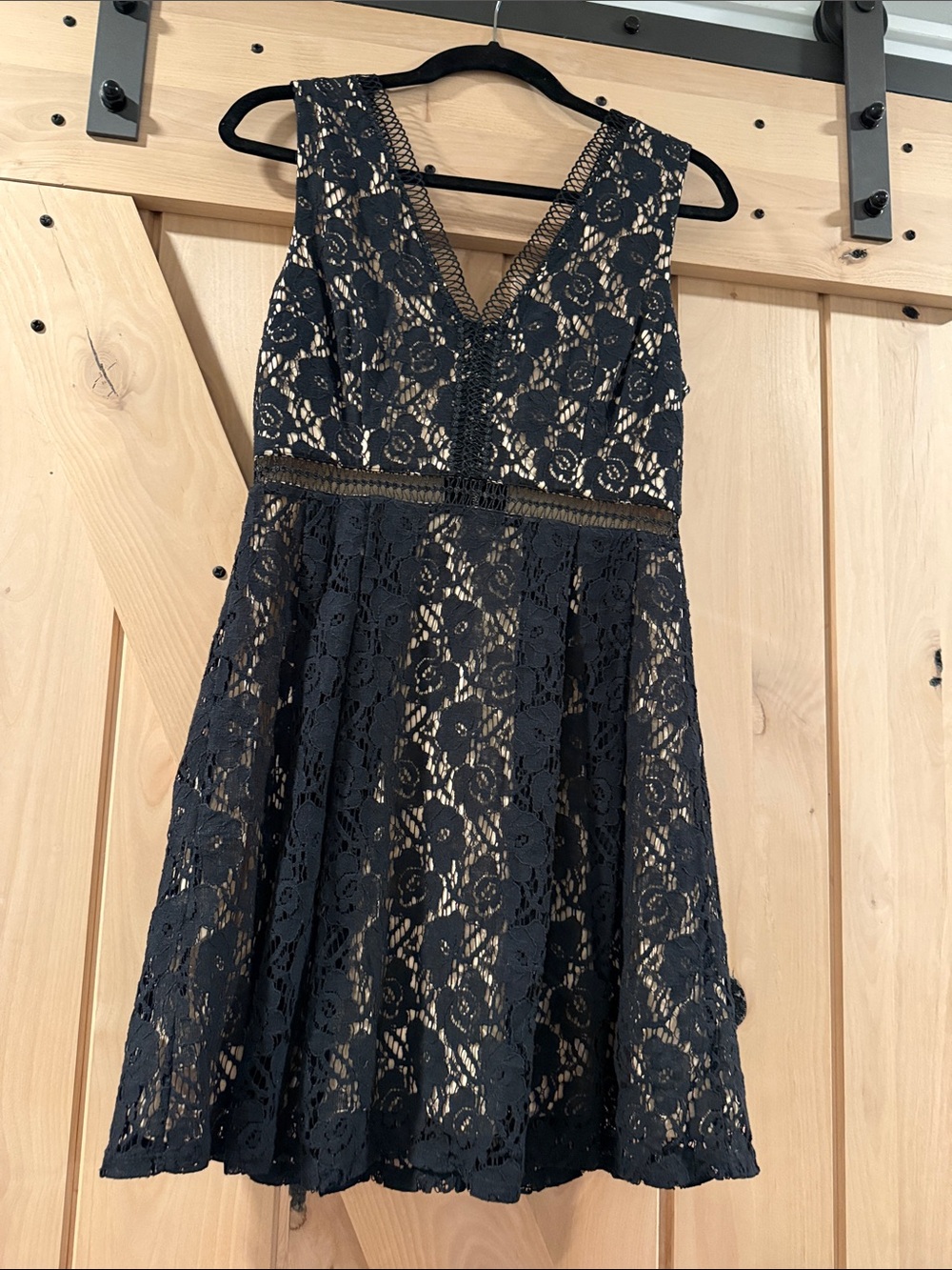 mi ami Black Lace Overlay Dress with Nude Lining